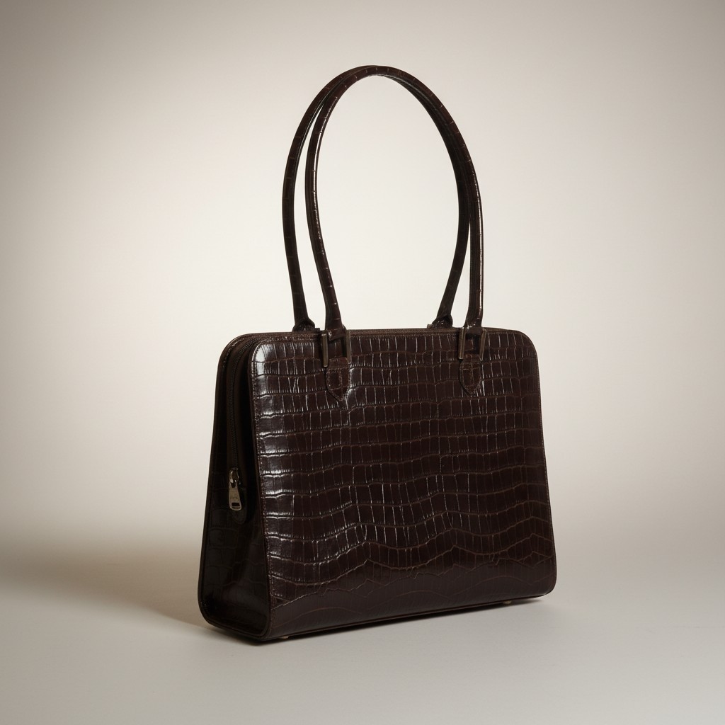 KAREN CALLAN DESIGNS LEATHER Messenger Bag Crocodile Embossed Hand Straps Brown