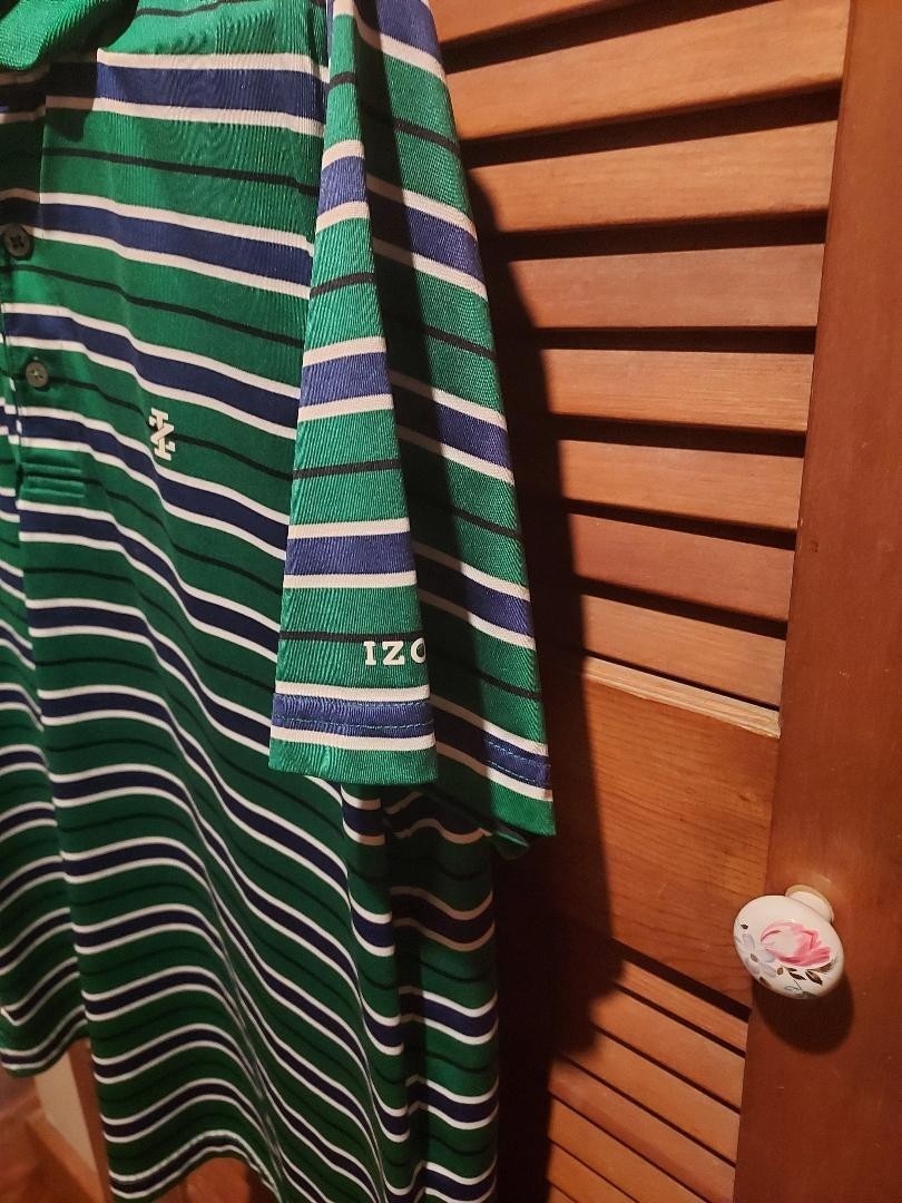 Izod Polo Shirt Mens Large Blue Green White Striped Golf Casual Short Sleeve