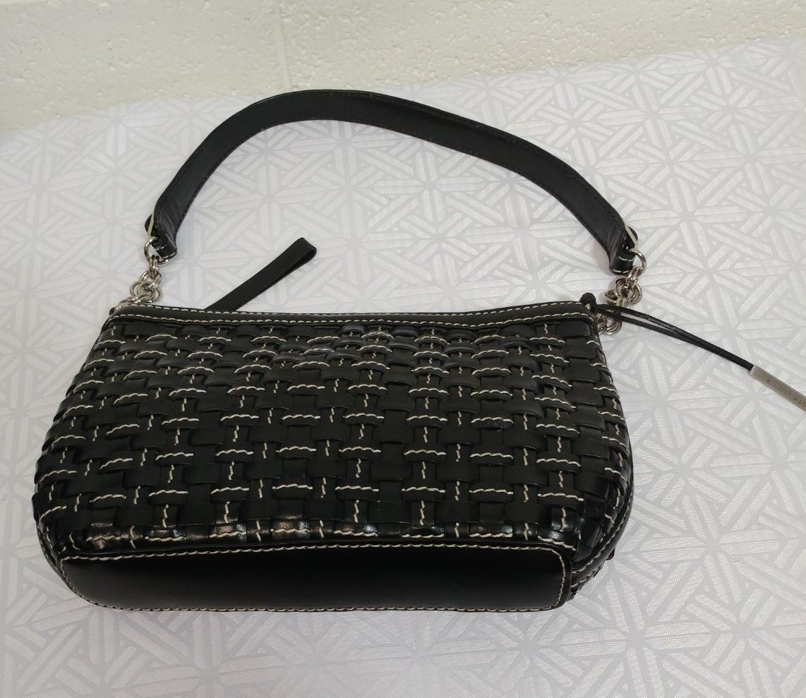 ELLIOTT LUCCA Woven BLACK LEATHER WHITE THREADED PURSE SHOULDER BAG Handbag