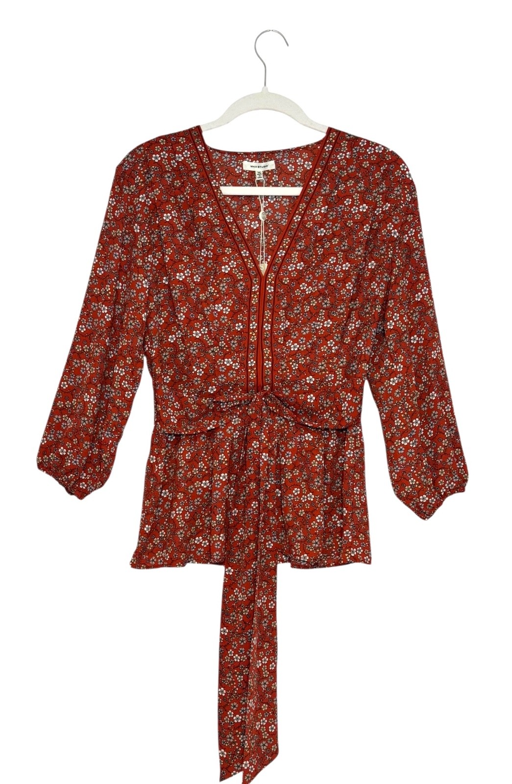 Max Studio Women’s Size Medium Floral Bricks 3/4 Cuff Sleeve Tie Front Blouse