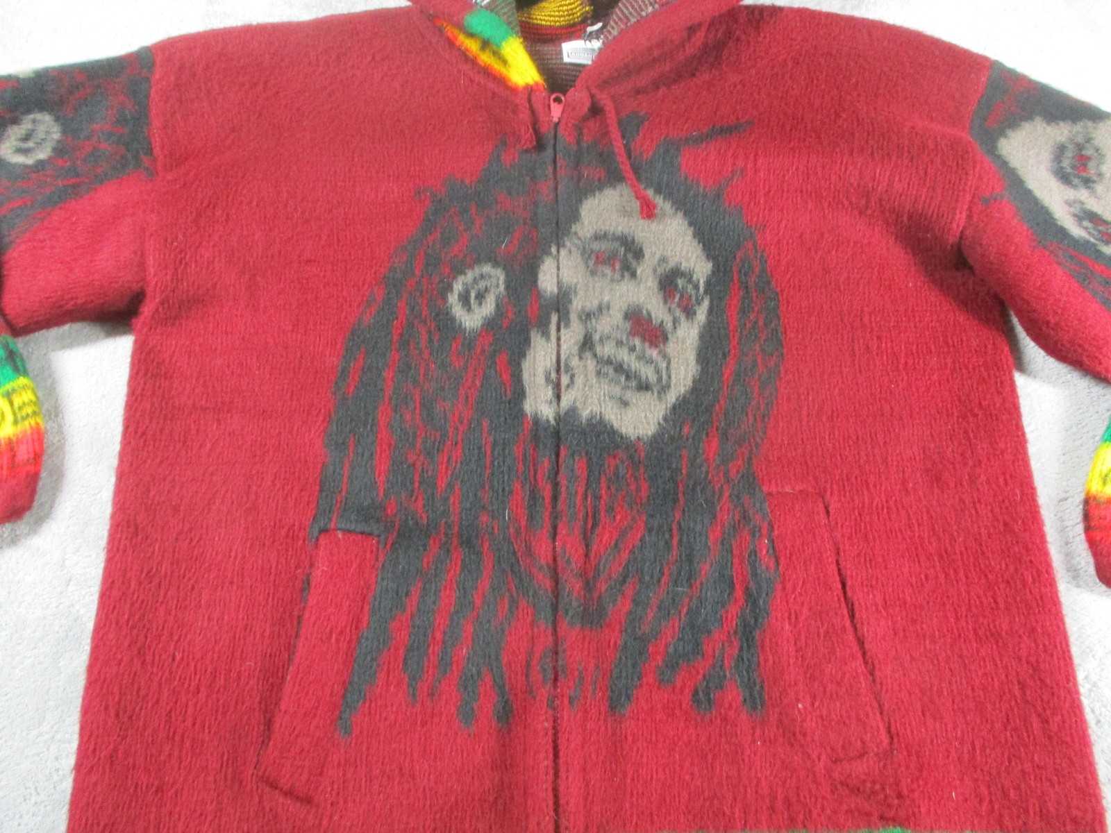 Tahuantinsuyo Sweater Mens M Red Wool Bob Marley Hooded Full Zip Graphic Rasta