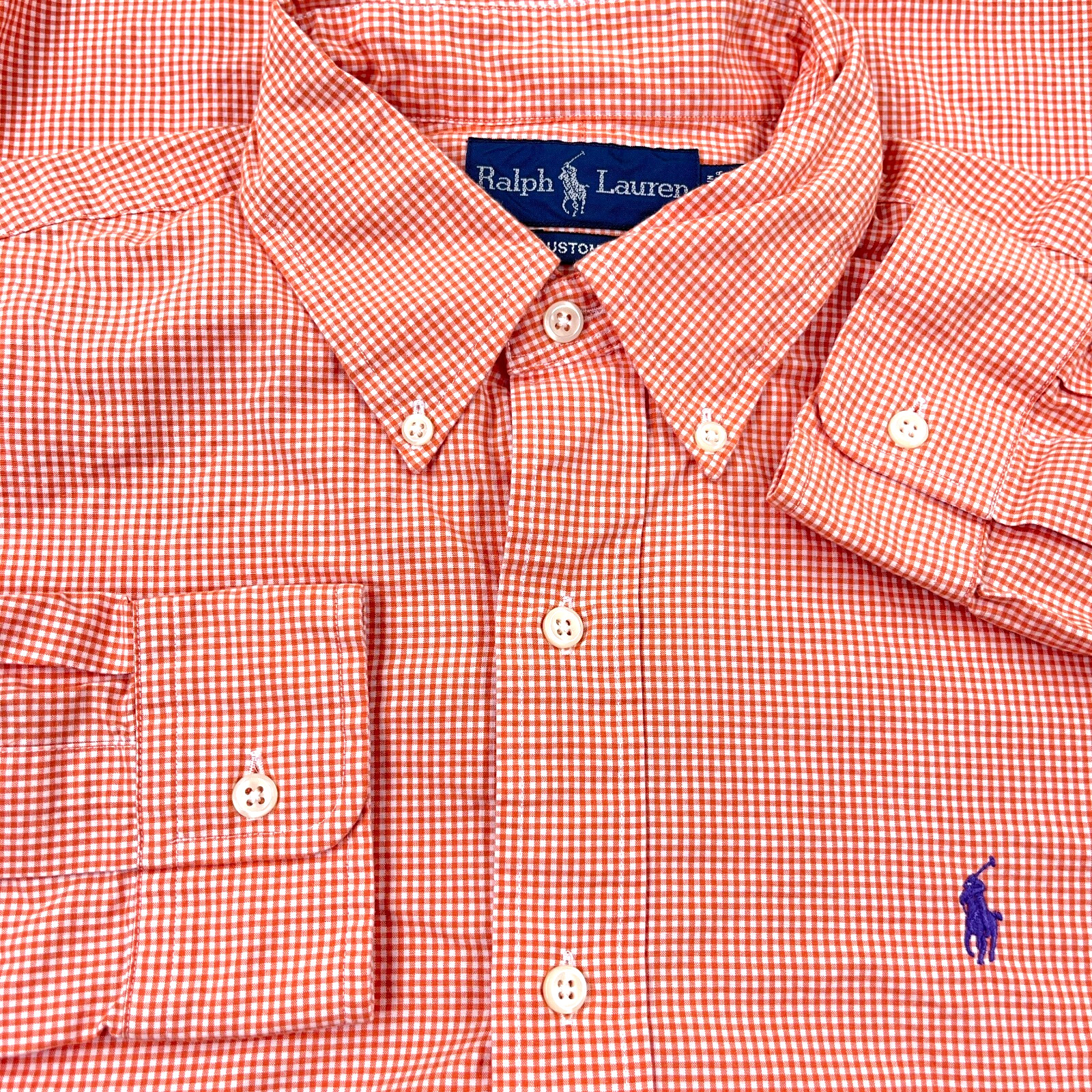 Ralph Lauren Shirt Men Medium Orange Button Up Custom Fit Gingham Poplin Dress