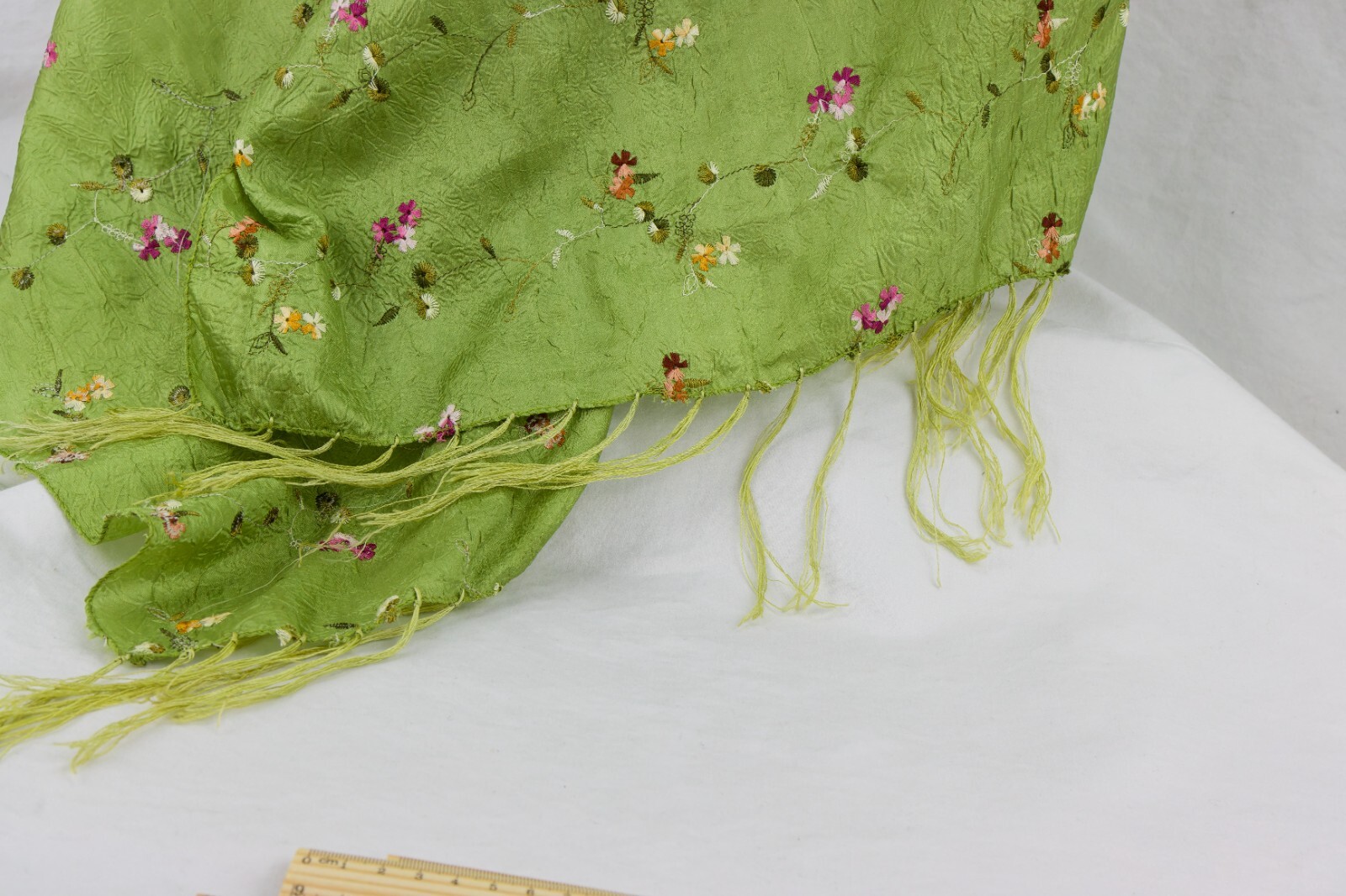 Crushed Shimmer Silk-Poly Blend Green Embroidered Floral Wrap Scarf, 25in x 64in