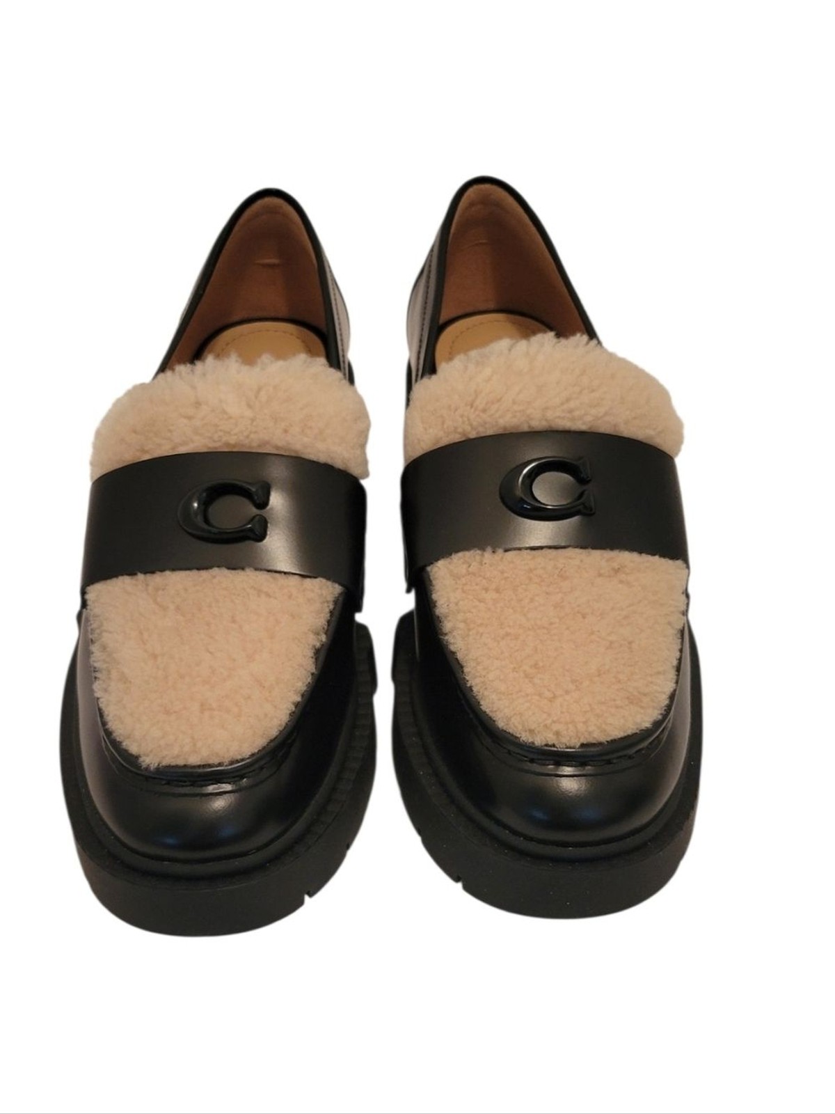Coach Leah Shearling Platform Loafers Black Leather CX033 Size 8B NIB