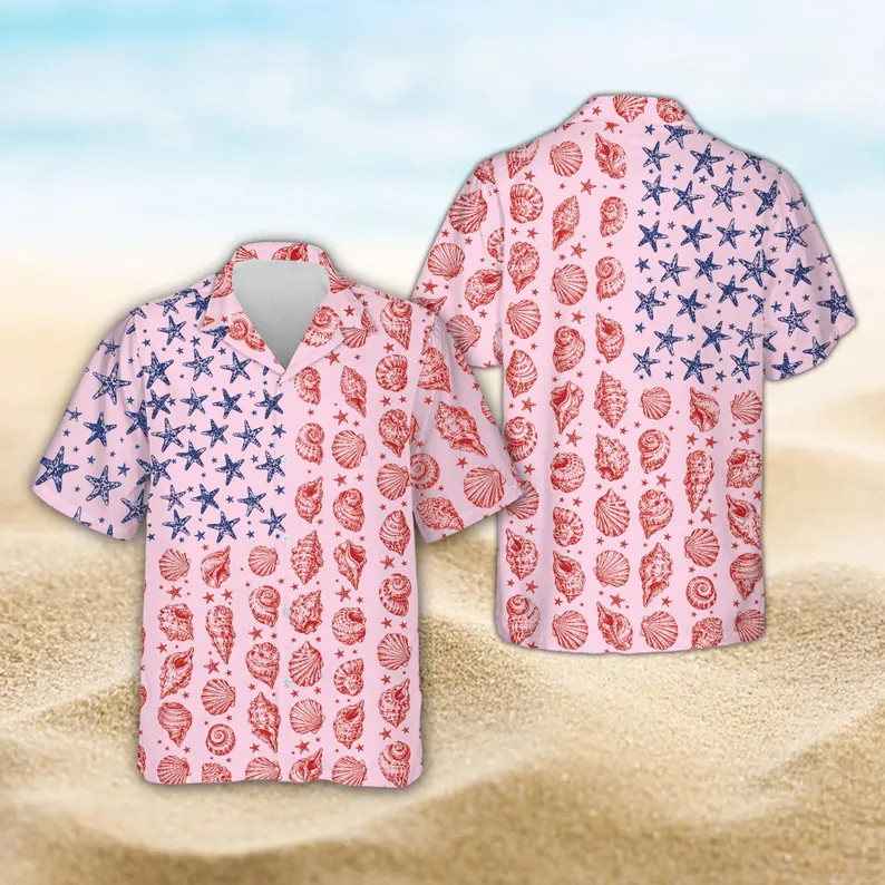 Patriotic American Flag Hawaiian Shirt, Starfish And Seashell USA Flag Aloha #4