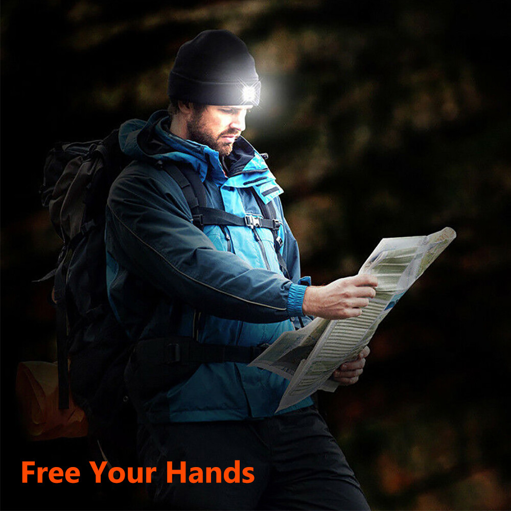 Unisex Rechargeable LED Beanie Hat Knit Winter Light Up Headlamp Cap USB Warm
