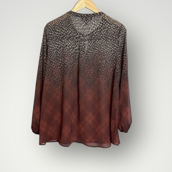 AGB Cheetah Plaid Print Ombre Top Womens Size Large Long Sleeve Semi Sheer Lined