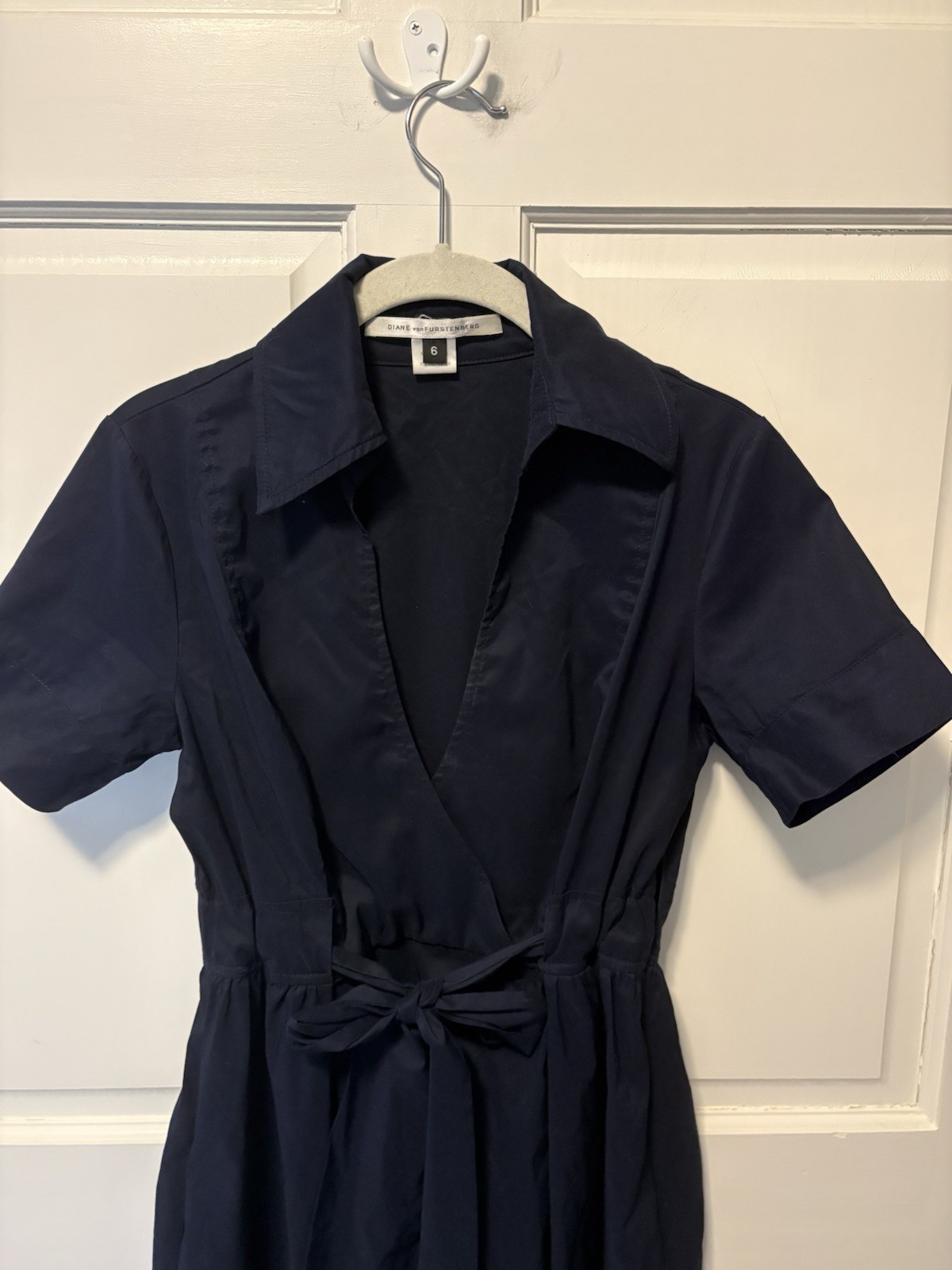 Diane Von Furstenberg Navy Classic Shirt Tie Poplin Collared Dress 6 S Small