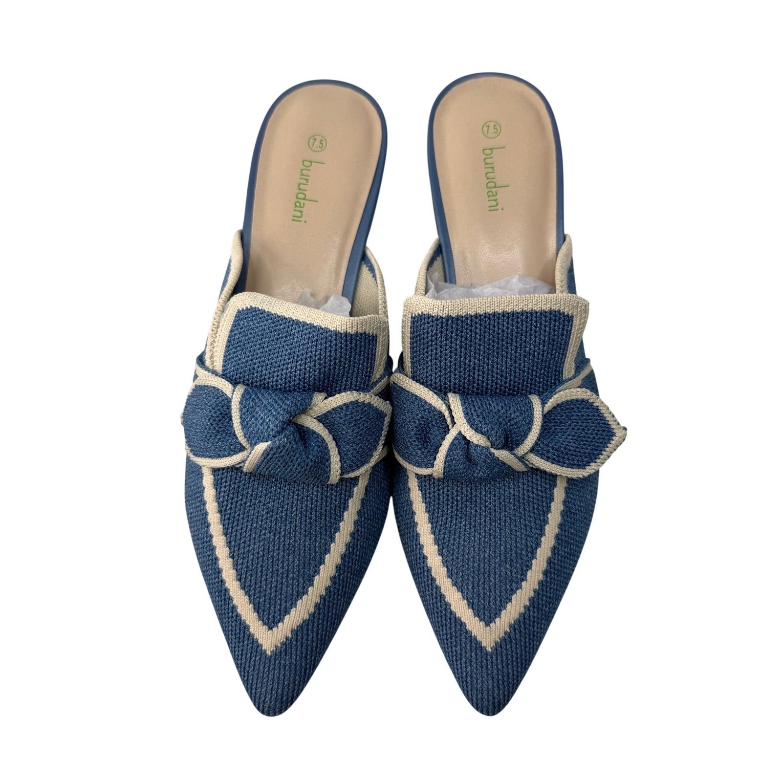 Burudani Blue Knit Pointed Toe Bow Mules Womens 7.5 SBDML2304W Flat Shoes New