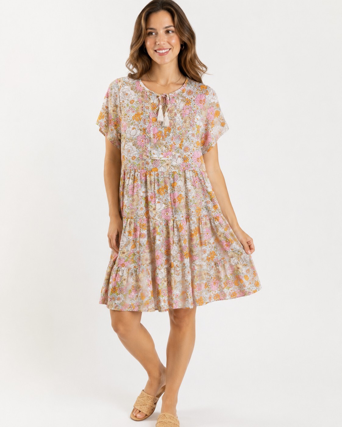 Karlie Retro Floral Tiered Midi Dress Size Unknown Pink Orange Boho