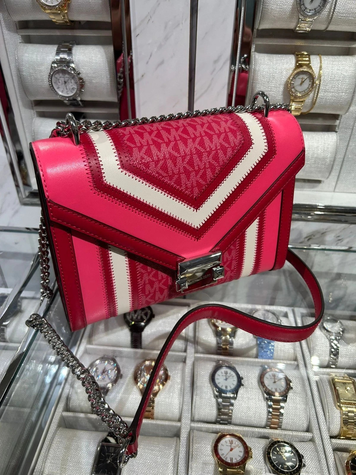 Michael Kors Whitney Medium Color-Block Logo Shoulder Bag Dark Raspberry Multi