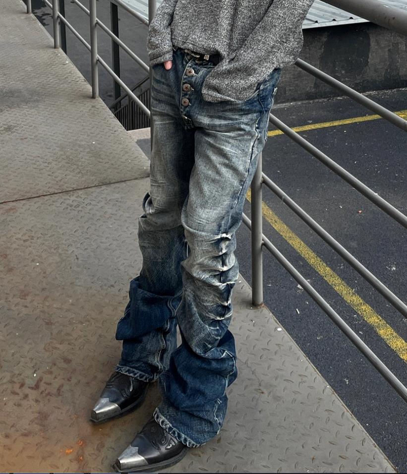 Men’s Straight Leg Blue Denim Jeans Casual Pants Button Up Punk Hip Hop Trousers