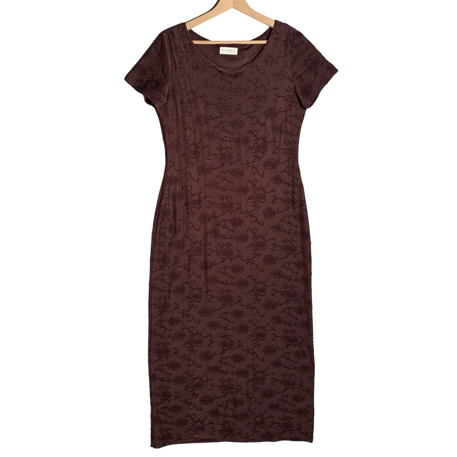 Vintage Dorothy Perkins Dress Size UK 14 Burgundy 90s Floral Jacquard Maxi Long
