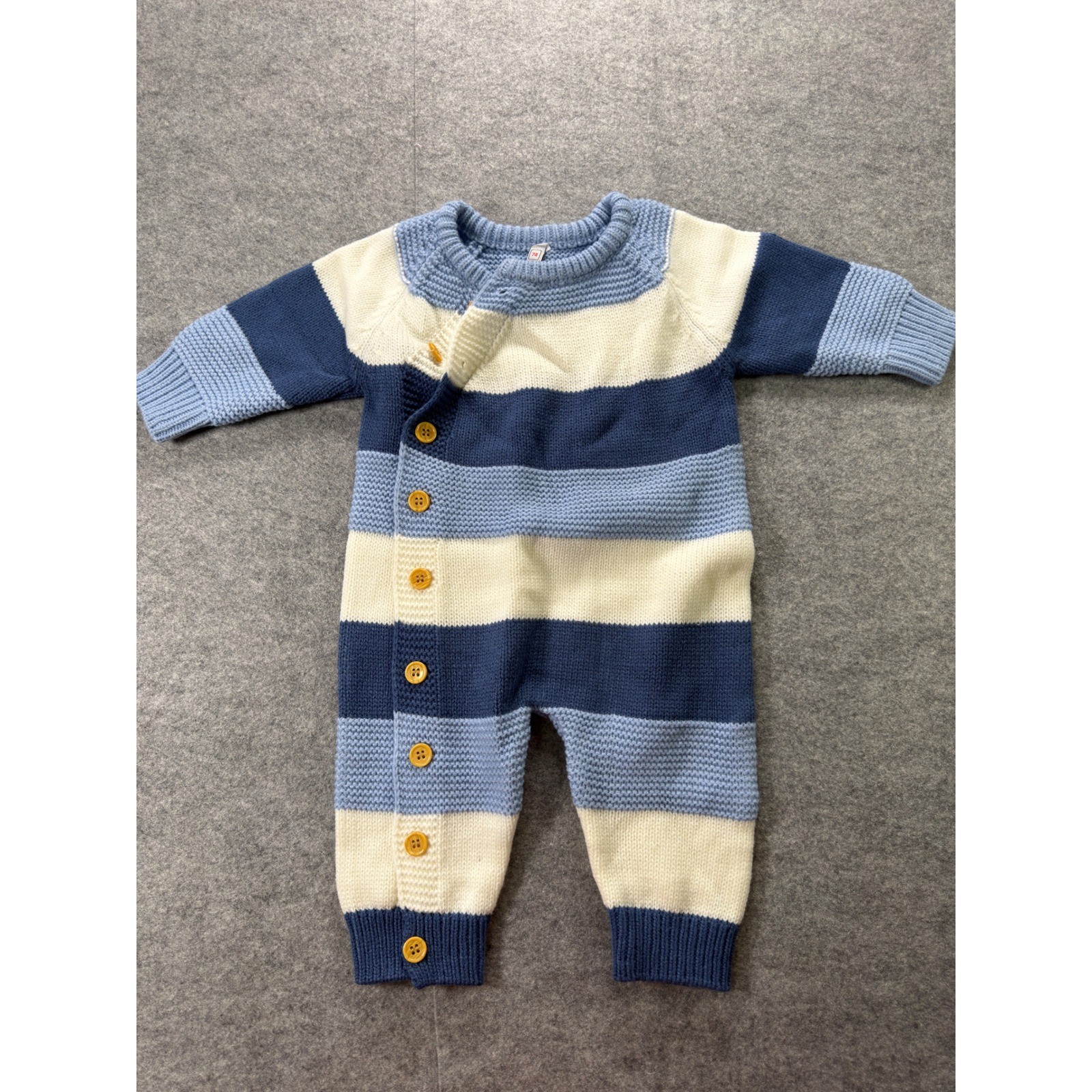 Licupiee Knit Romper Baby 6-9M Blue White Striped Long Sleeve Side Button