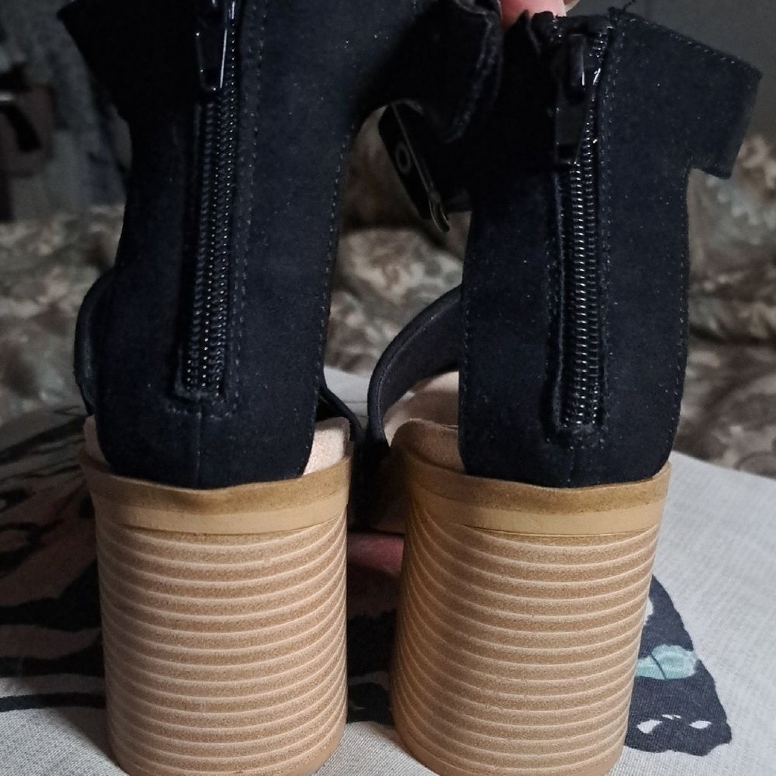 Wonderly Black and Tan Heels with Chunky Block Heel