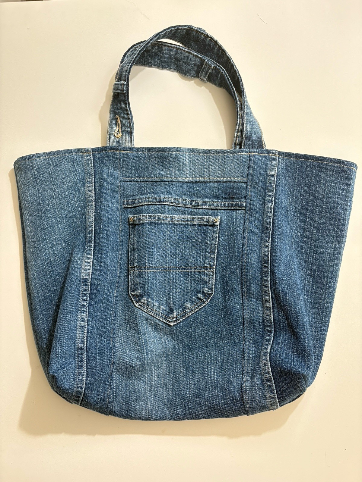 Handmade Upcycled Blue Denim Tote Bag Fully Lined With Teacher Cotton 19×14.5in