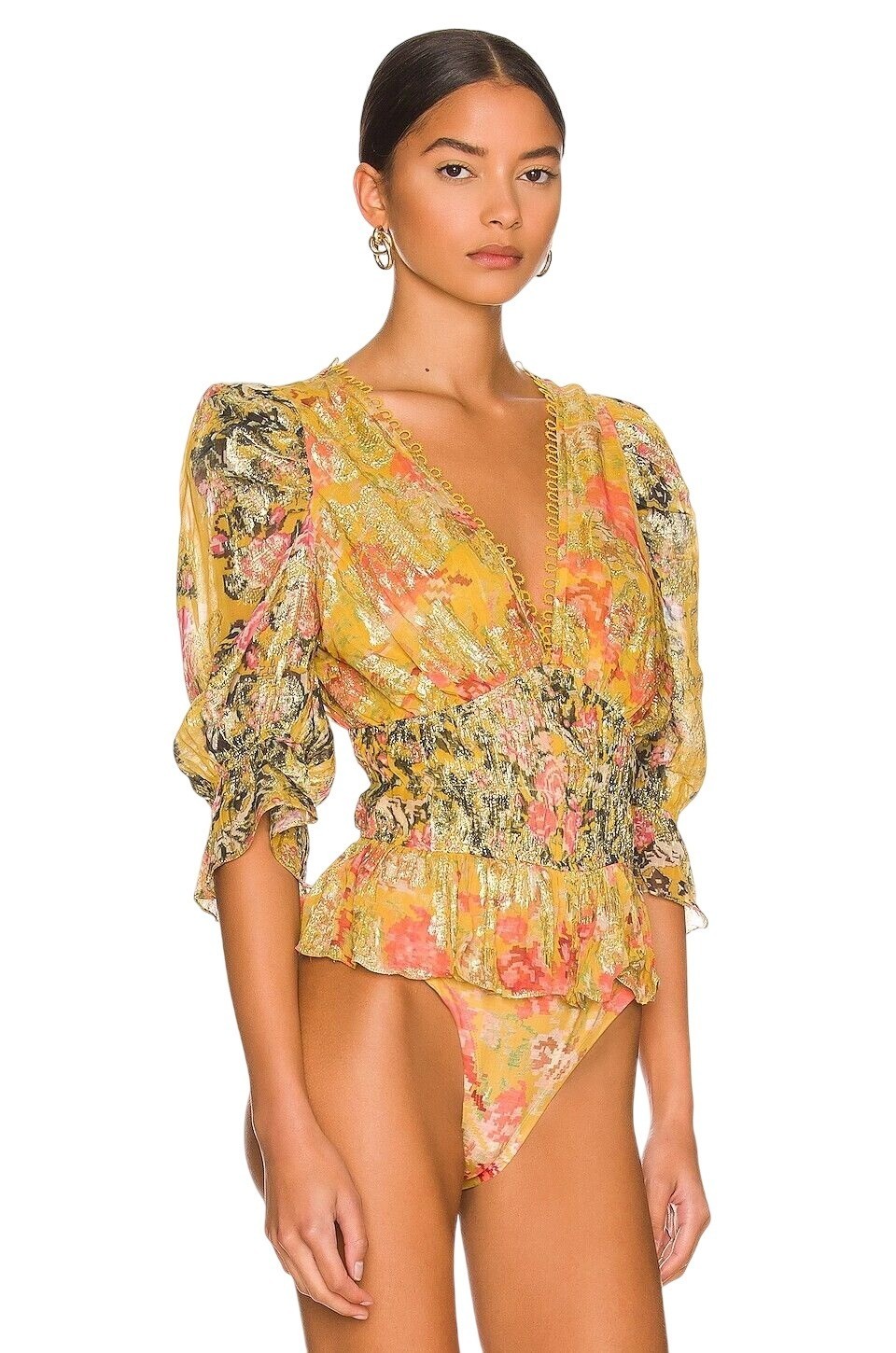 HEMANT AND NANDITA Nova Bodysuit in Mustard Multi X-Small New Womens Blouse Top