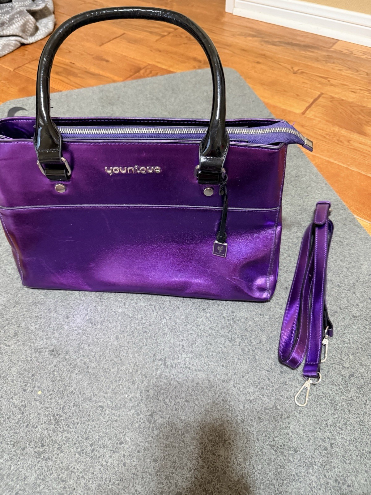 Younique Purple Metallic Satchel Top Handle Zip Bag w/ Detachable Strap Charm