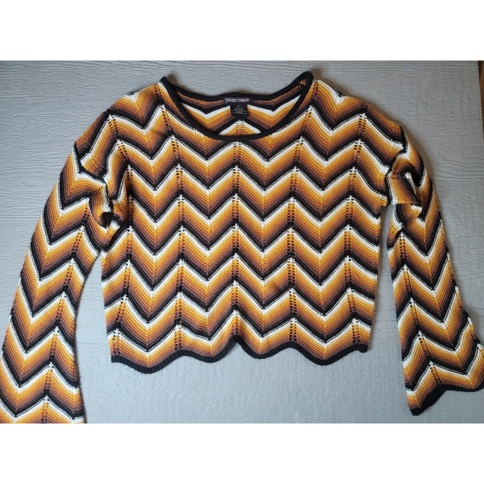 Trendy Threads Chevron Crochet Knit Sweater Orange Brown Zig Zag Bell Sleeve L