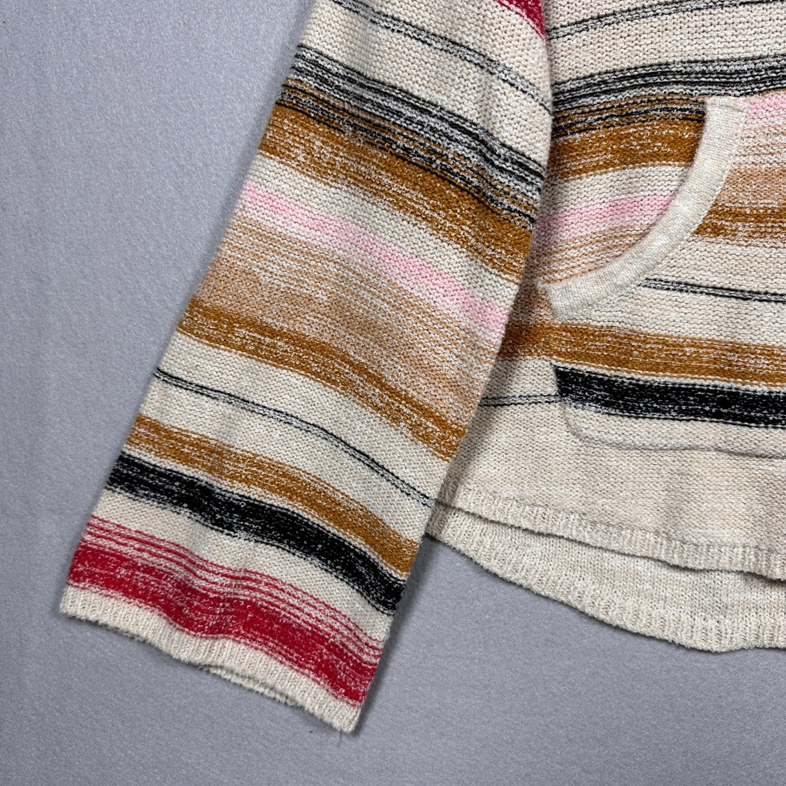 Billabong Womens Striped Knit Hoodie Sweater Multicolor V-Neck Coastal Boho L