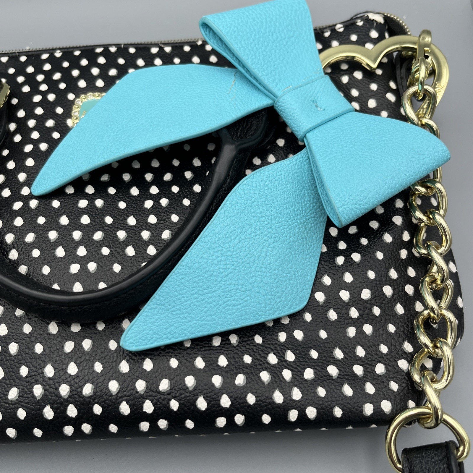 Betsey Johnson Polka Dot Shoulder Bag Purse Black & White Turquoise Bow Charm