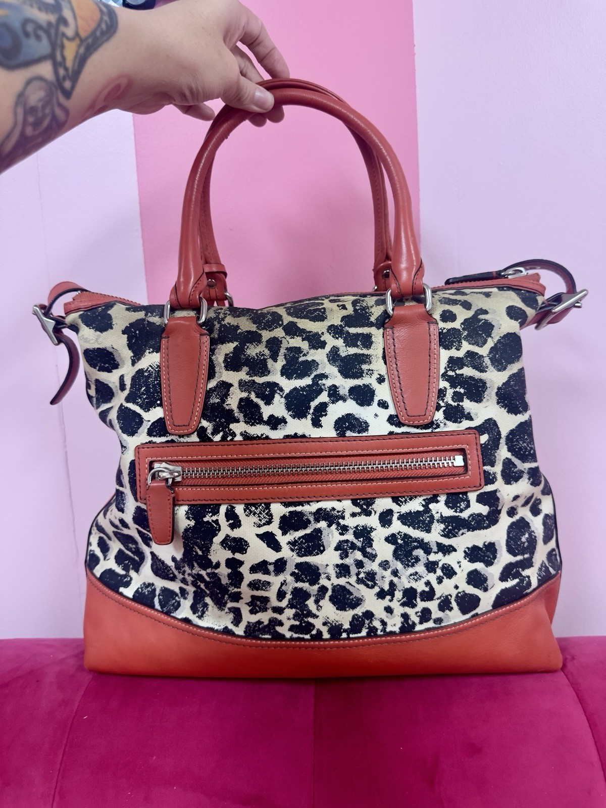 Coach vintageleopard ocelot large satchel top handle zip silver hw w strap rare
