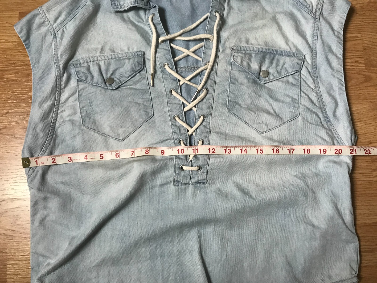 Blanknyc Chambray Shirt Womens S Lace Up Collared Flap Pockets Distressed