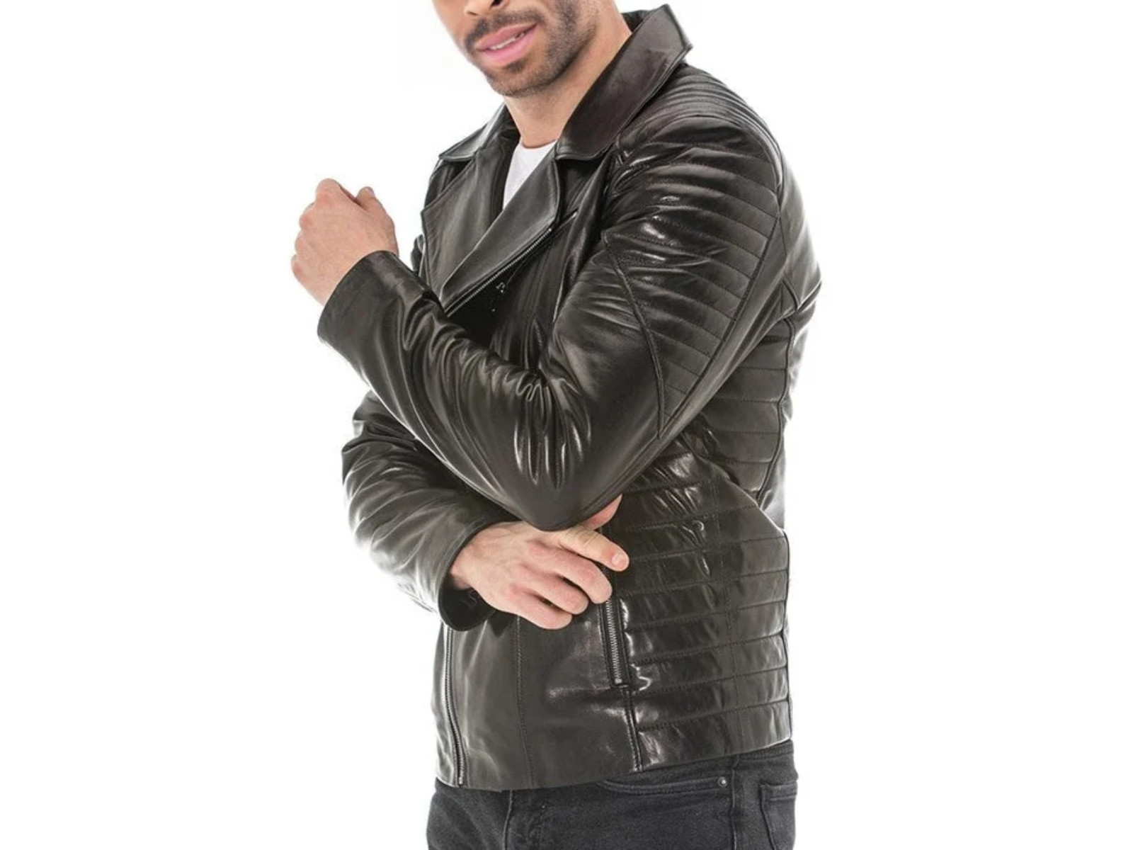 Men’s Black Sheepskin Leather Biker Jacket Moto Cafe Racer Motorcycle Coat