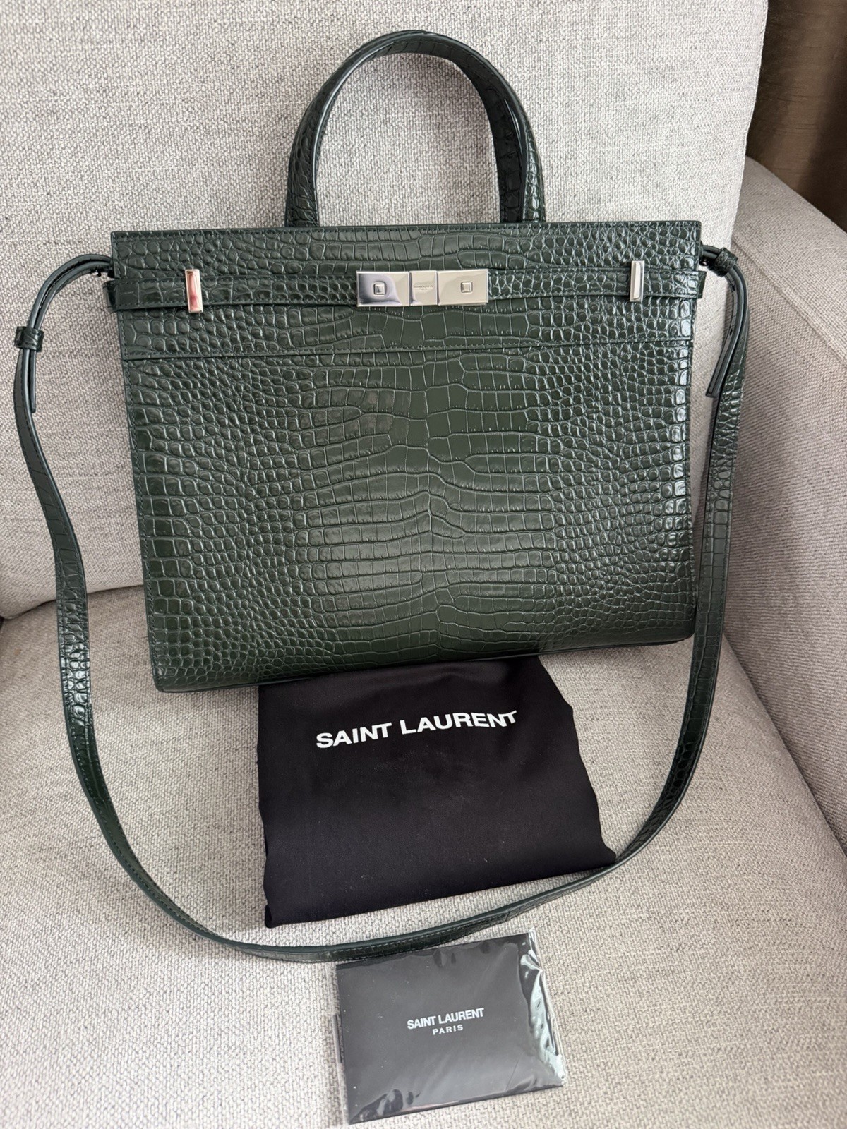 SAINT LAURENT Small Manhattan Green Silver Embossed Leather Bag Shoulder Strap