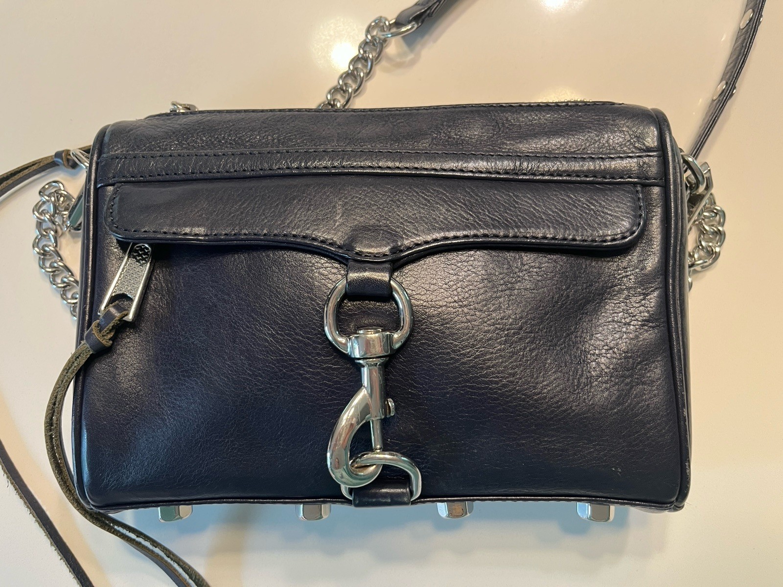 Rebecca Minkoff… Mini Mac Navy Blue Leather Crossbody Handbag… Silver Hardware