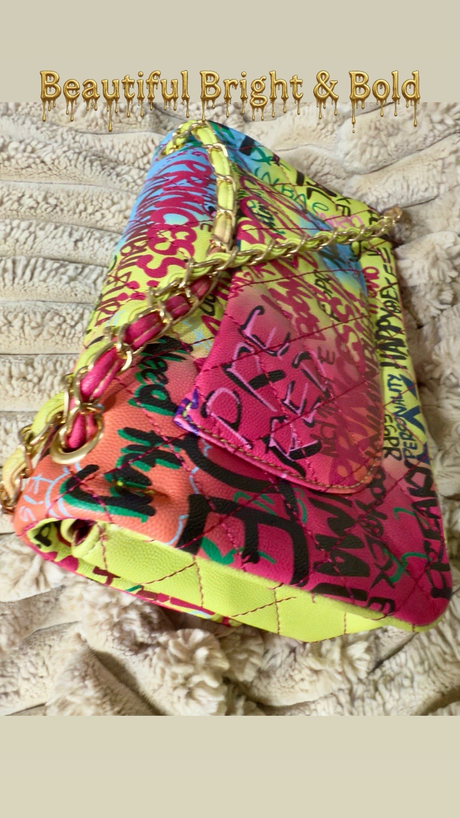Alba Colorful Funky Graffiti Print Quilted Flap Shoulder Bag