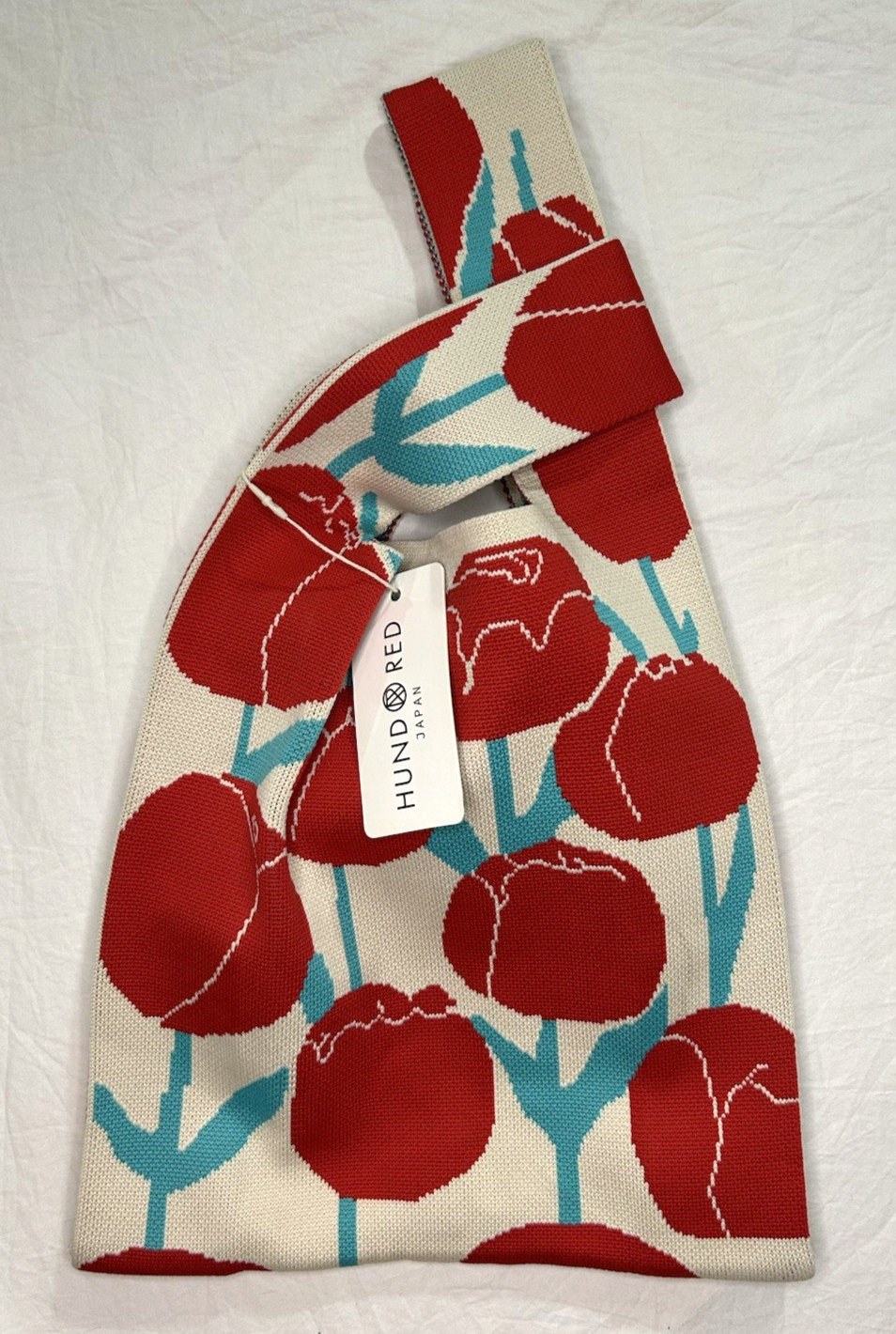 NWT Hund Red Japan Knitted Fabric Hand Bag Tulip Print Adorable