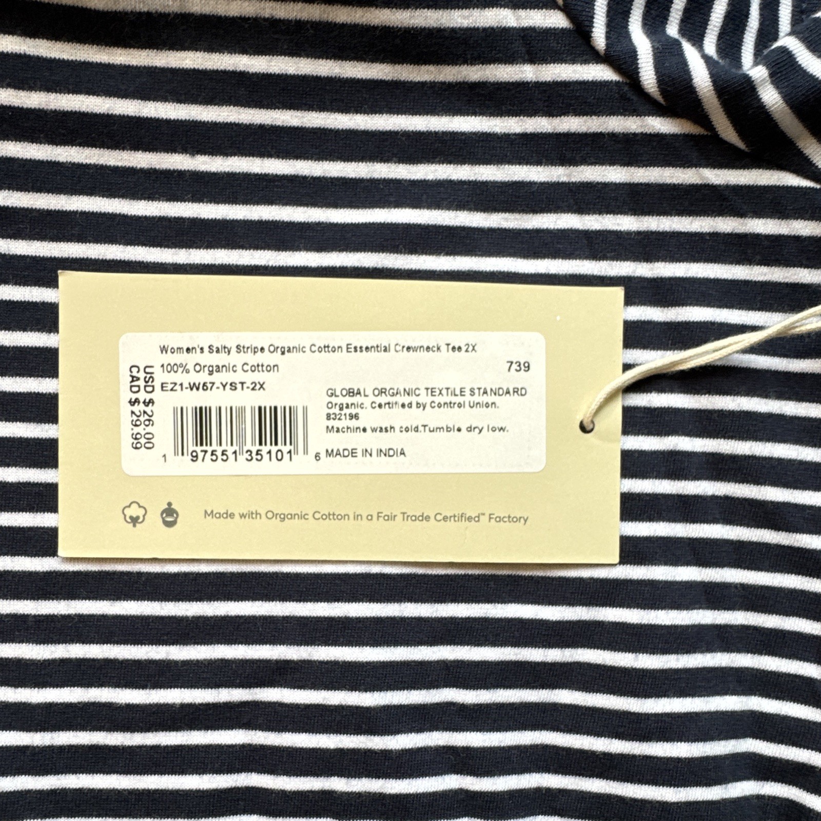 Pact Women’s Striped Crew Neck Organic Cotton T-Shirt Navy/White 2X