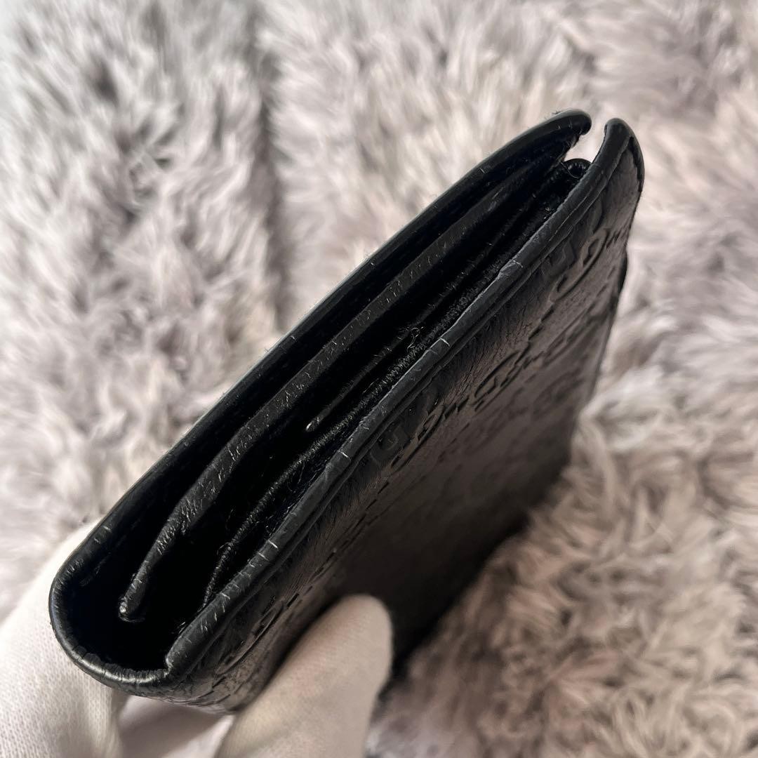 Beautiful Condition GUCCI Shima Logo Plate Gold Folding Wallet Black
