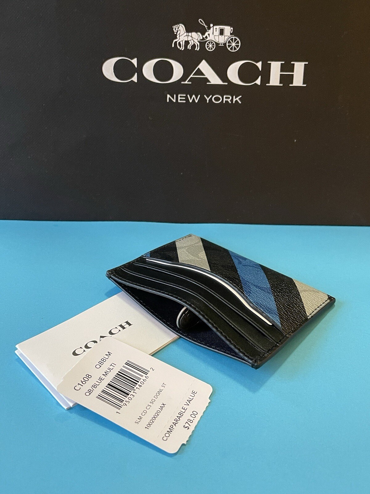 NWT Coach Slim Card Case With Diagonal Stripe Print Blue/Multi