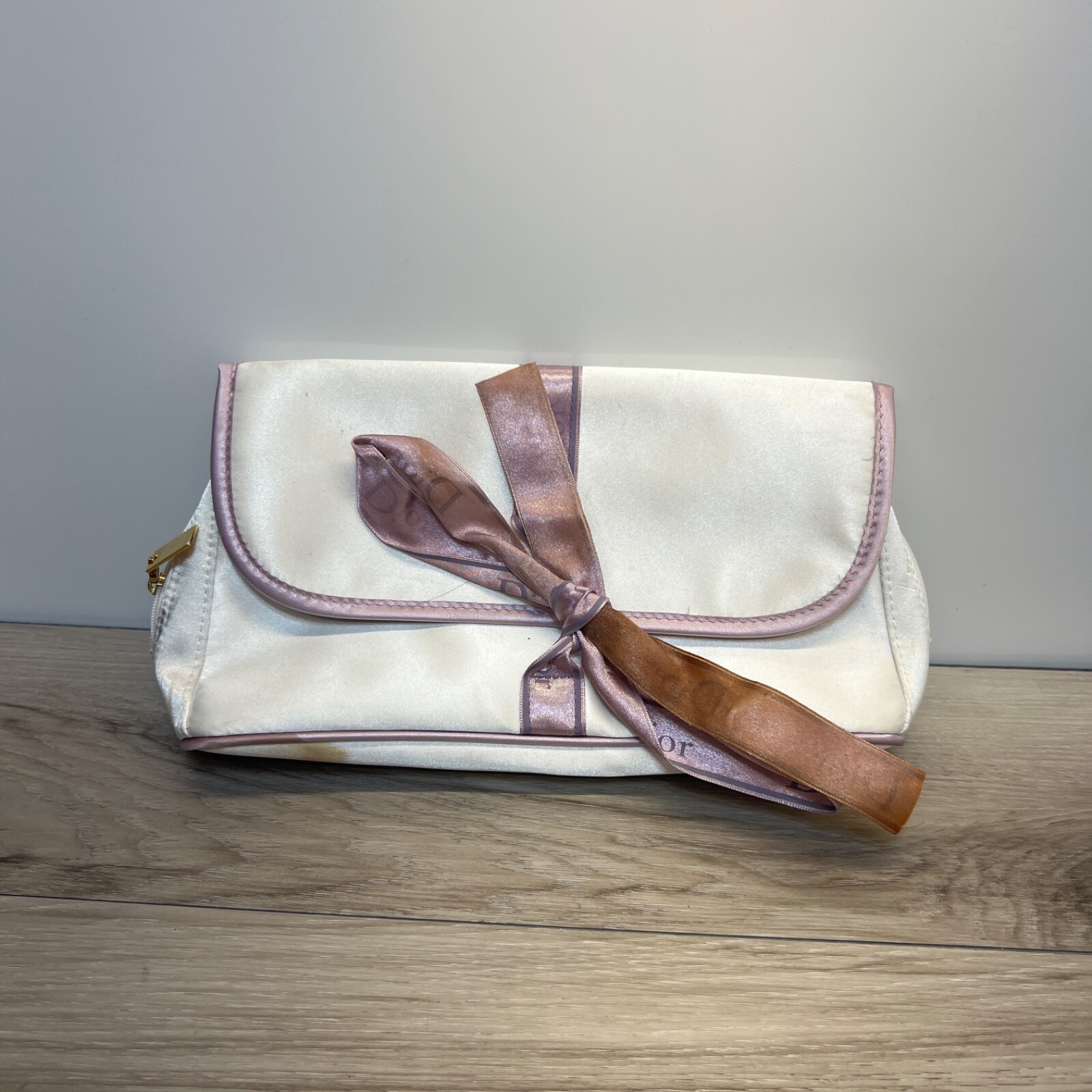 Rare Christian Dior silky 10.5 inches cosmetic bag Travel Makeup White Fold
