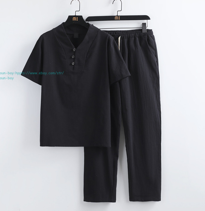 New Men Linen Set 2pcs Button Shirts Drawstring Pants Sets Summer Beach Outfits