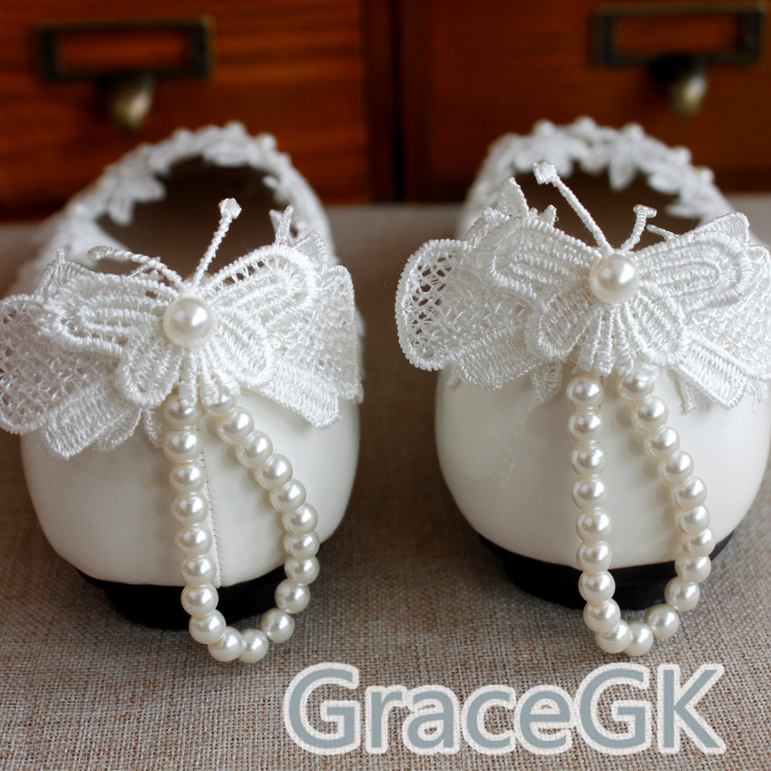 Women’s Lace Wedding Shoes Pearls anklet Bridal High Low Heels flat shoes