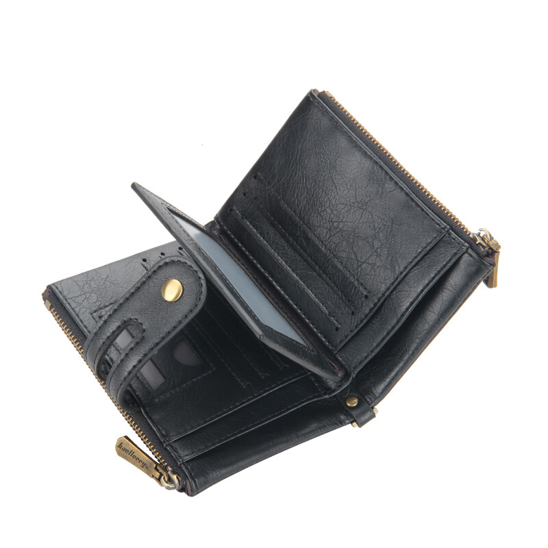 Men Leather Black Wallet with Anti-theft Chain Bifold Double Zipper Purse Gift