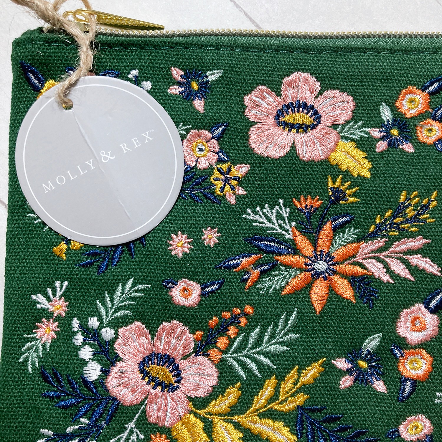 Embroidered Flower Zipper Pouch Cosmetic Bag Travel 7.75″ Green Molly & Rex