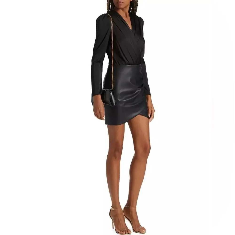 Generation Love Miley Faux Leather Combo Dress Black Draped V-Neck Mini Small