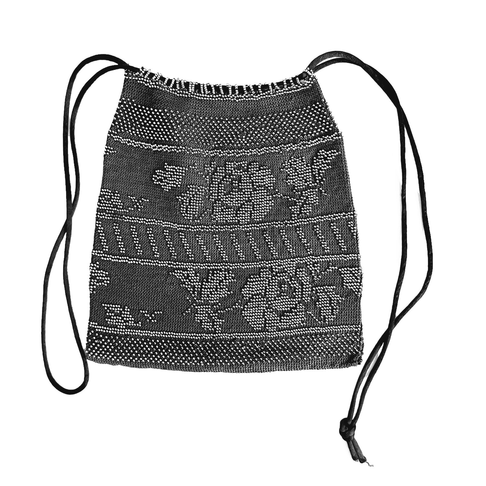 Antique Micro Beaded Crochet Victorian Floral Reticule Drawstring Handbag Purse