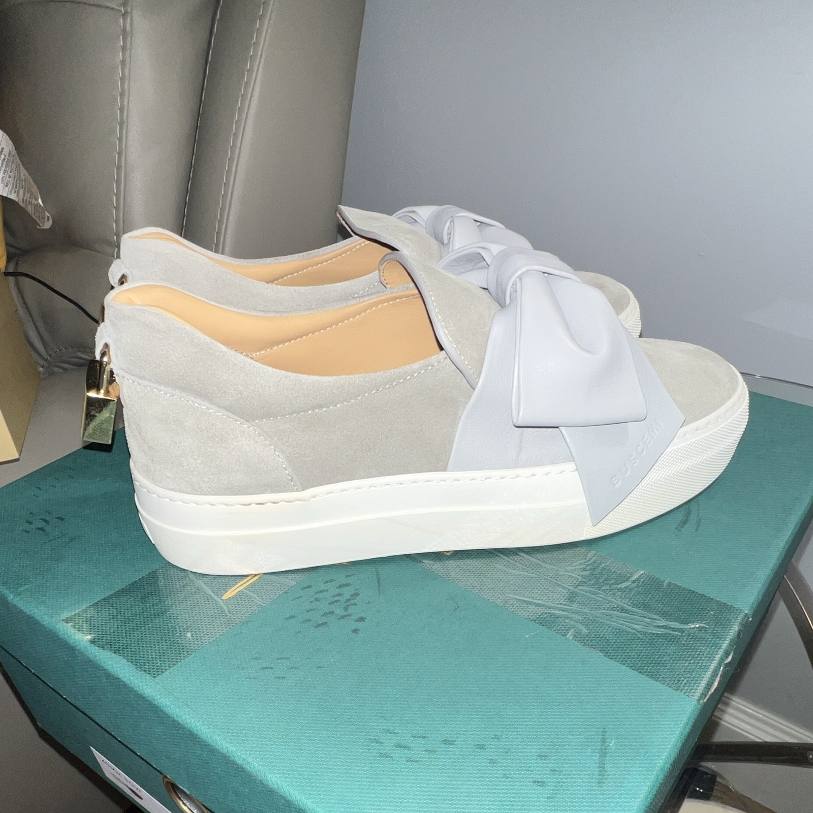 Buscemi Women’s Suede Slip-On Flats Bow Accent Gray White US 7 EU 37