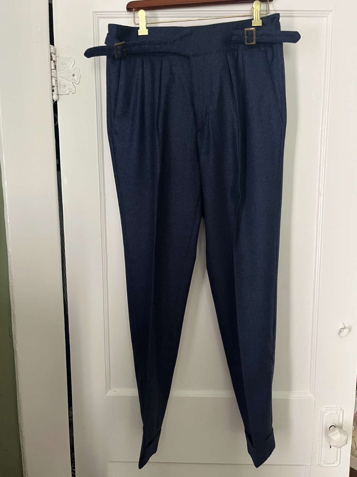 $700 Rubinacci Napoli Pleated Manny Gurkha Pants Melange Blue Flannel 46/30 US