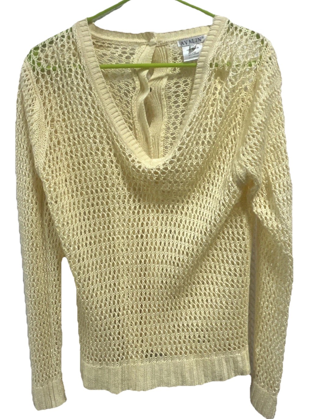 Avalin Yellow Open Weave Mesh Sweater Linen Blend Button Back Boho Coastal L