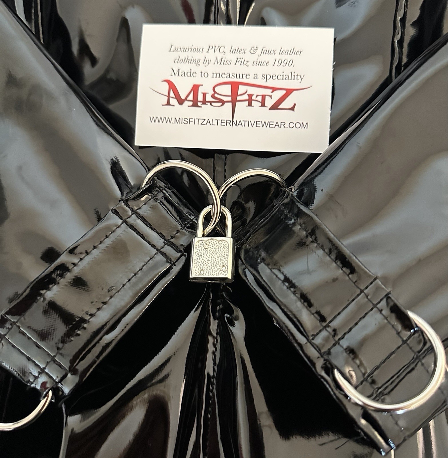 Misfitz blk PVC padlock hobble dress, lockable cuffs. Two way zip. SIZE 24. CD