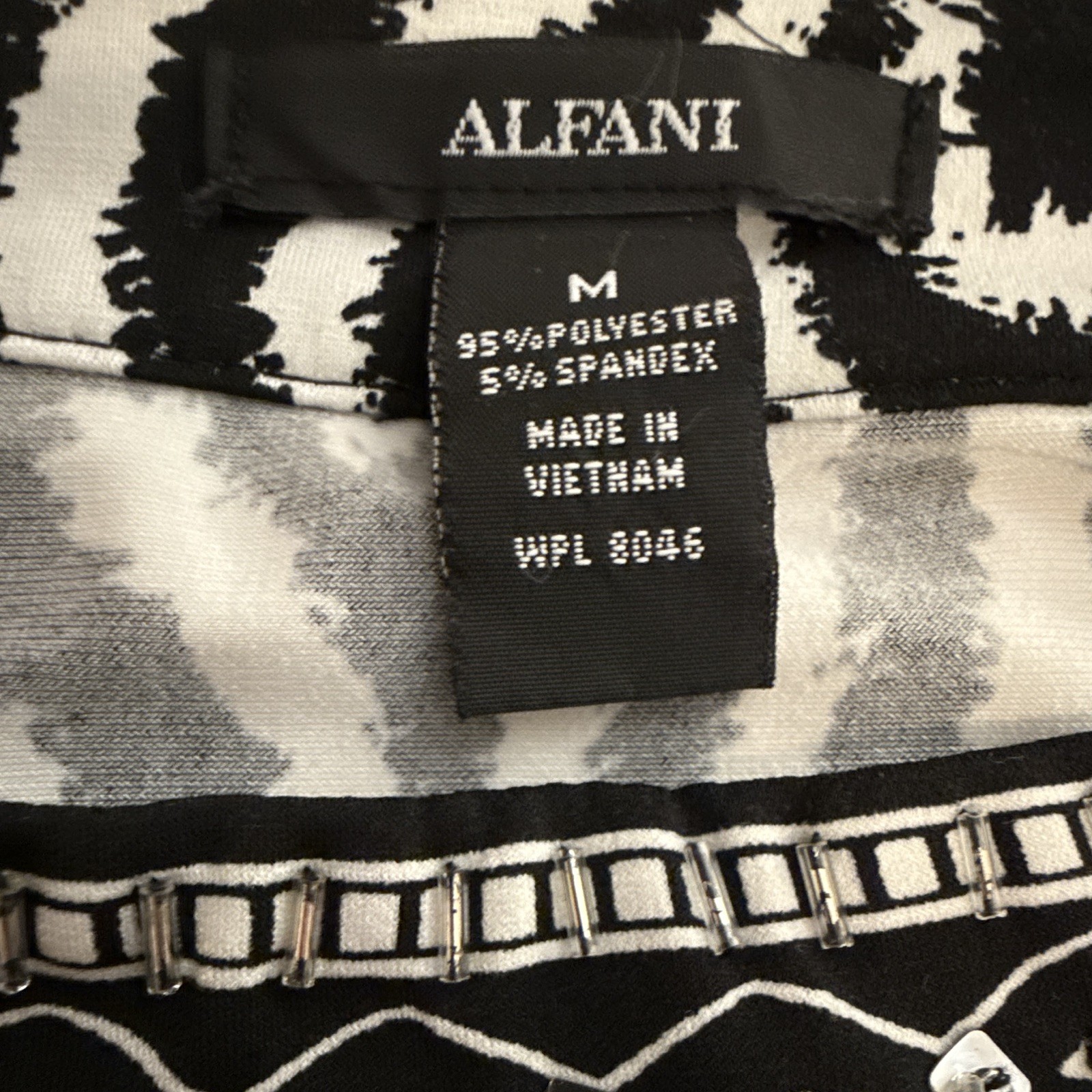 Alfani Black White Knit Tunic Top M Round Neck Abstract 3/4 Sleeve Pullover