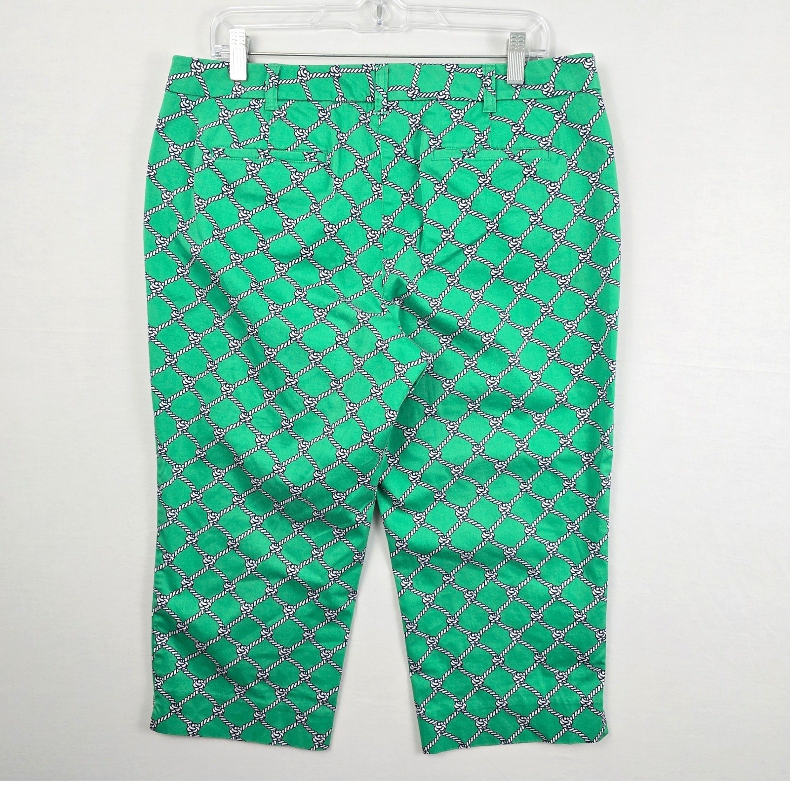Talbots Petites Rope Print Slit Hem Zipper Button Closure Capri Pants Green 14P