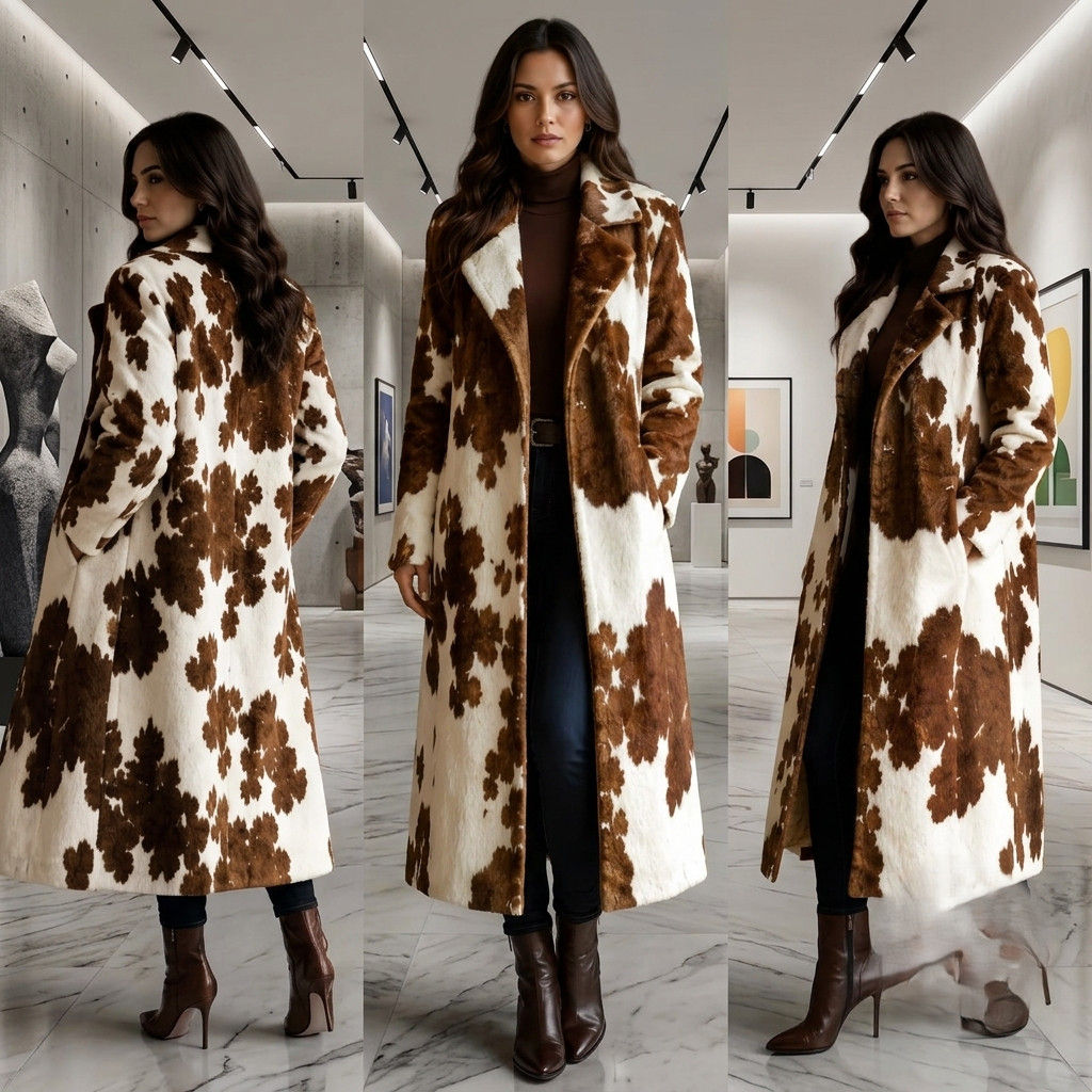 Women’s Hair on Cowhide Leather Trench Coat Long Western Ranch Fur Jacket Brown