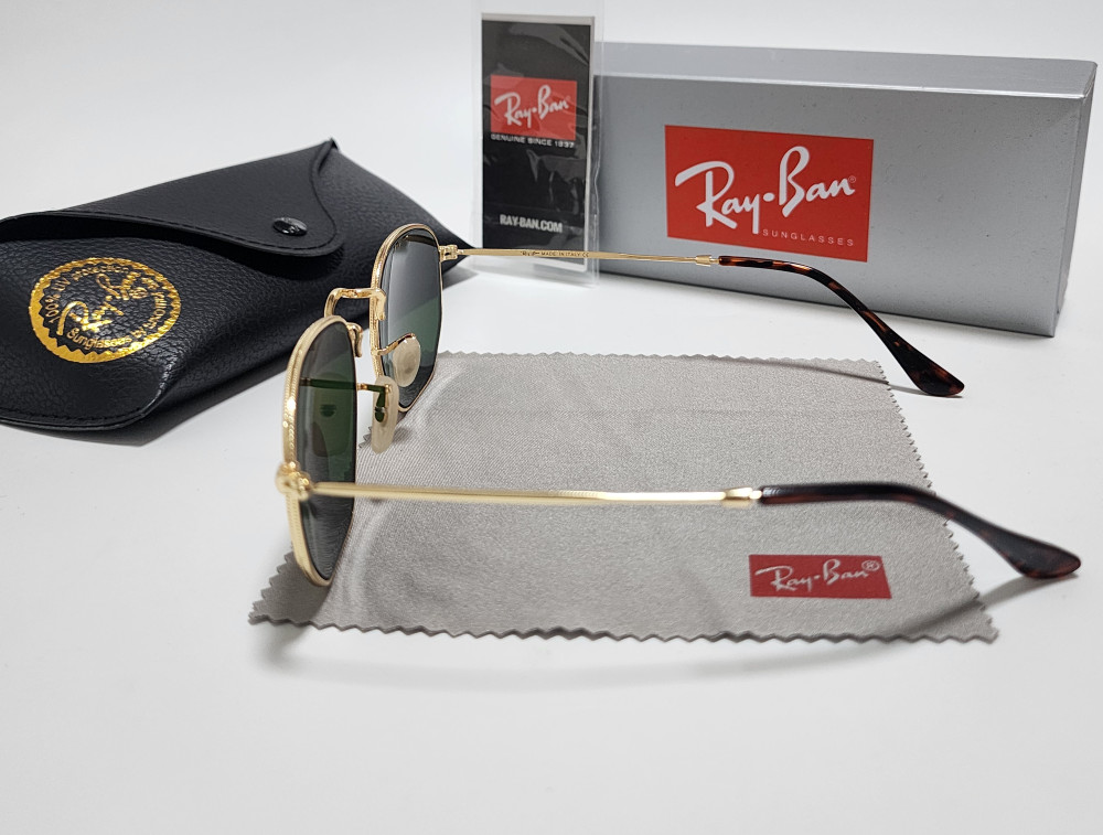 Ray-Ban RB3548N Hexagonal Sunglasses Gold Frame Glass Green Lens 51 mm